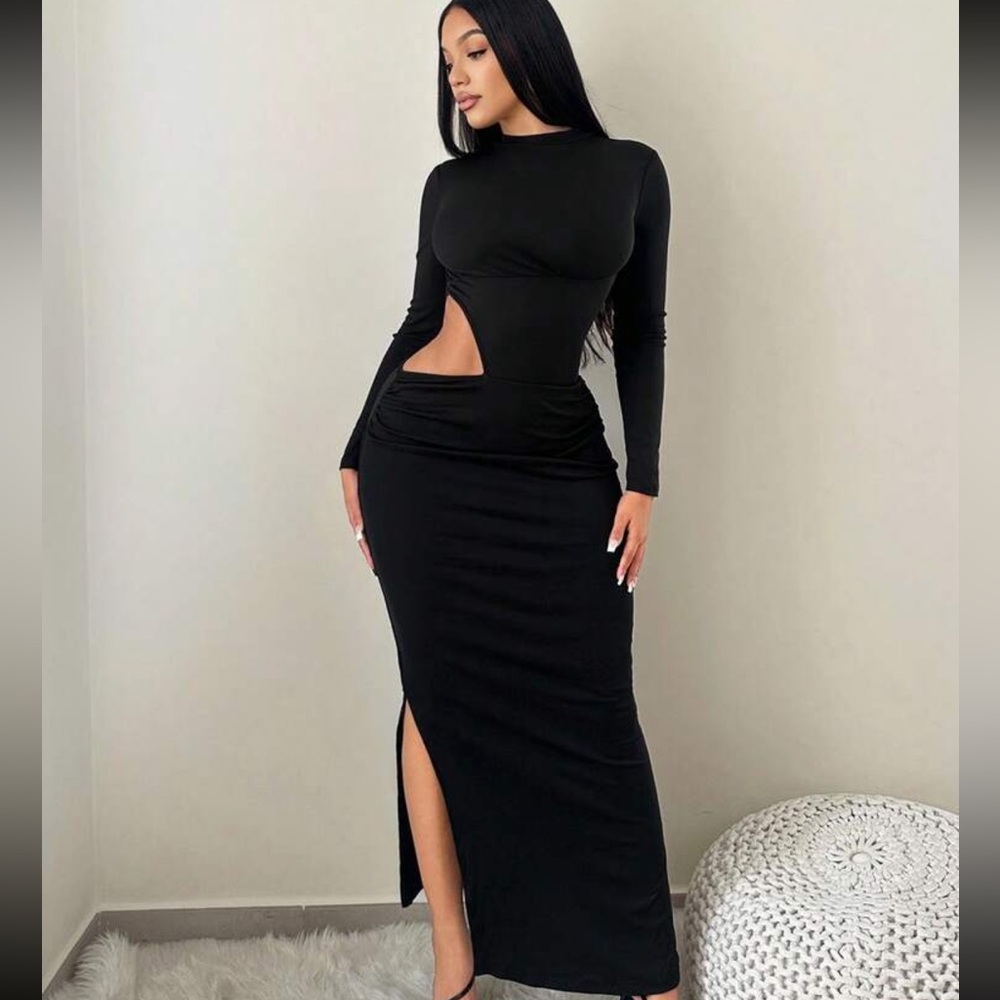 Woman’s Black, Long Sleeve, Cut Out Maxi Dress, Size S